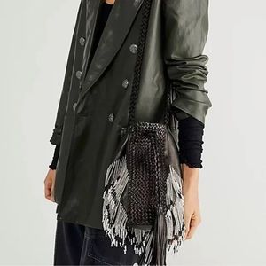 Free People En Shalla Beaded Fringe Leather Bucket Bag 🤍